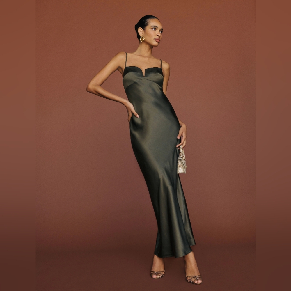 REFORMATION Brie Silk Dress (Pine Tree) Size 2